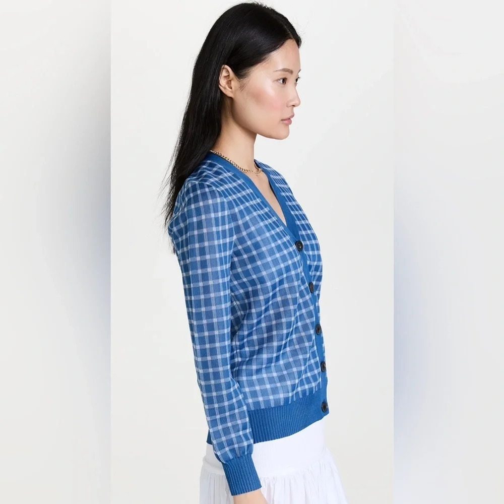 NWT Tory Burch Sheer Plaid Boyfriend Cardigan Blue White long sleeve sweater